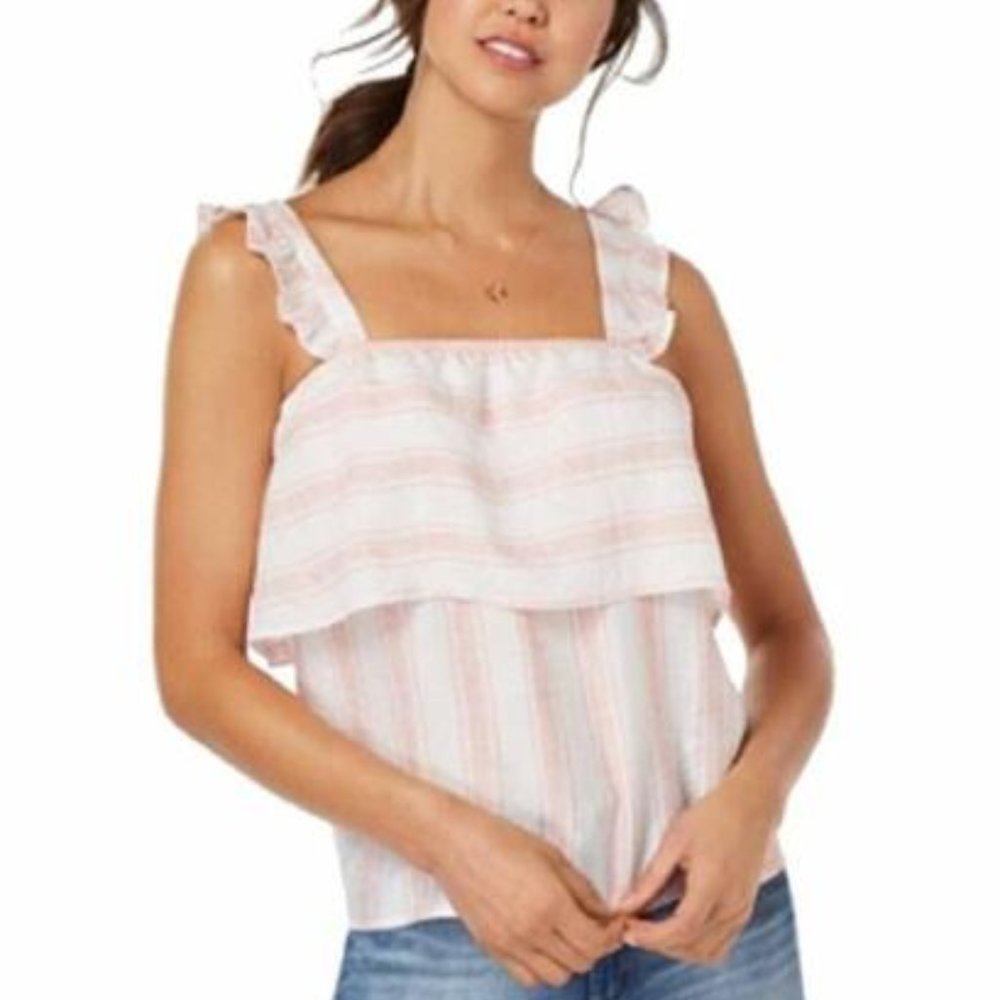 Almost Famous Tank Top Juniors Striped Ruffled Trim Pink White Stripe Womens S